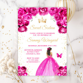 Shock rosa Brunette Hair Princess Sweet sixteen Inbjudningar