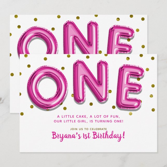 Shock rosa Bubblor Guld gör ett första födelsedag  Inbjudningar (Fram/baksida)