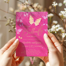 Shock rosa Butterfly Baby Shower Party-inbjudan