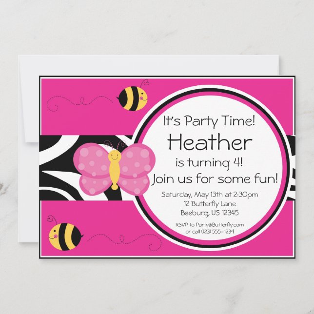 Shock rosa Butterfly Födelsedagsfest inbjudan (Framsida)