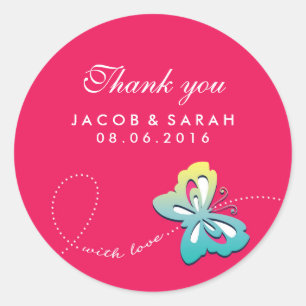 Shock rosa Butterfly Swirl Bröllop Tack Sticker Runt Klistermärke