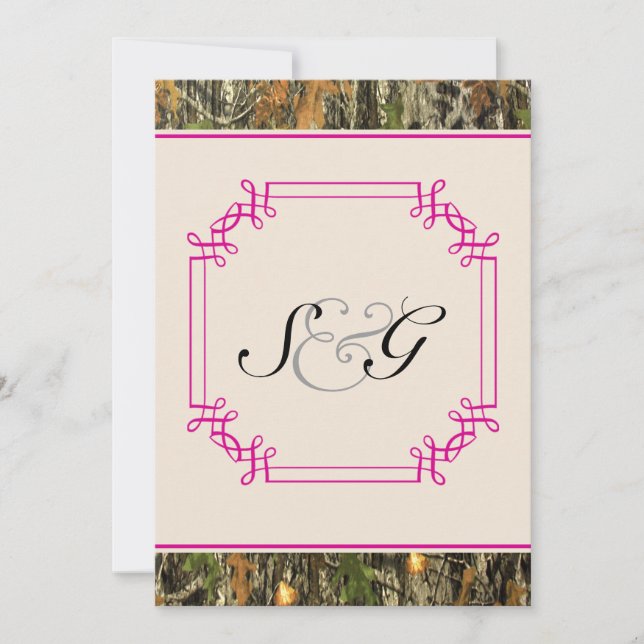Shock rosa Camo Rustic Hunting Wedding bjudande Inbjudningar (Framsida)