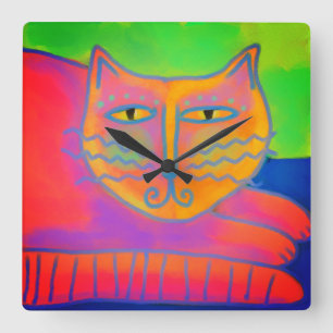 Shock rosa Cat Abstrakt Art Fyrkantig Klocka
