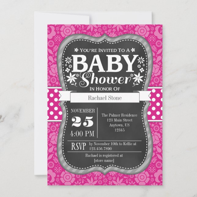 Shock rosa Chalkboard Blommigt Baby Shower Inbjuda Inbjudningar (Framsida)