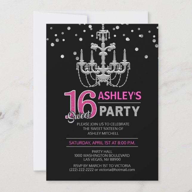 Shock rosa Chandelier SWEET SIXTEEN 16 Party Inbjudningar (Framsida)