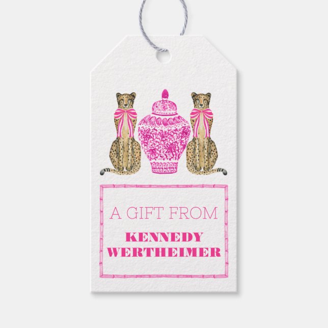 Shock rosa Cheetah Chinoserie Gift Märkre Presentetikett (Framsidan)