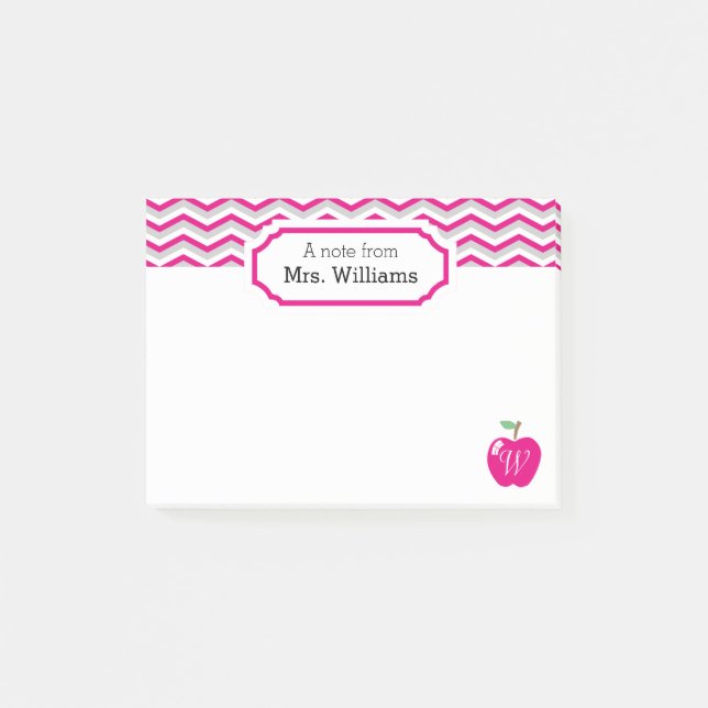 Shock rosa Chevron Apple Monogrammed Teacher Note Post-it Block (Framsida)