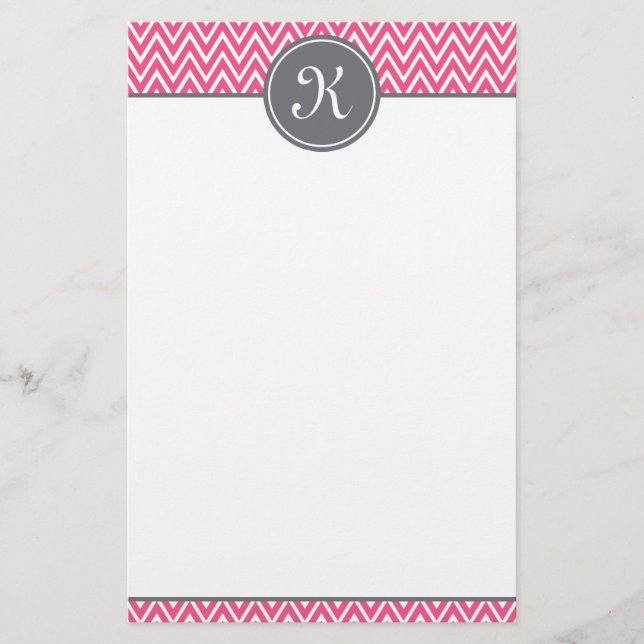 Shock rosa Chevron Mönster Grått Monogram Brevpapper (Framsida)
