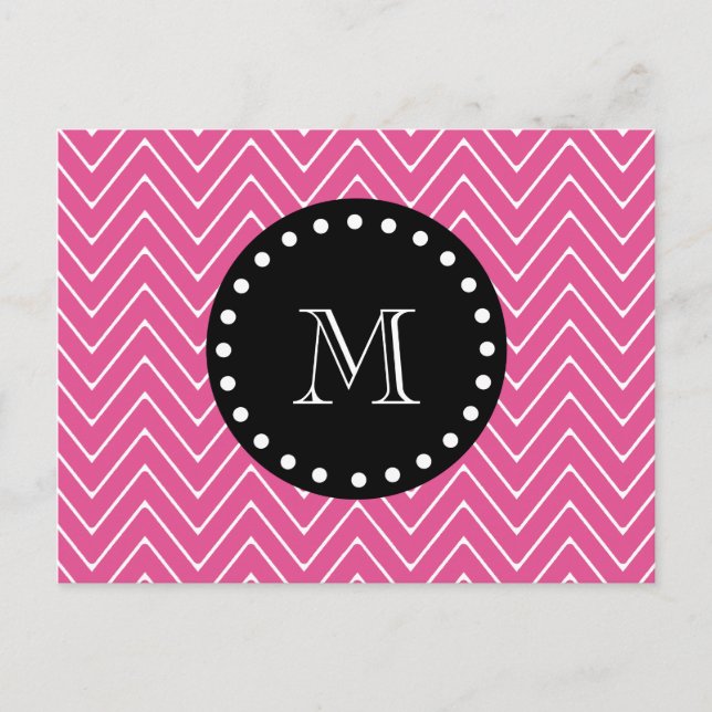 shock rosa Chevron Mönster | Svart monogram Vykort (Framsida)