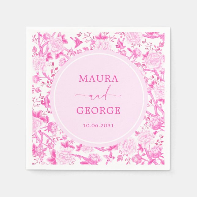 Shock rosa Chinoiserie Flower Bird Porcelain Bröll Pappersservett (Framsidan)
