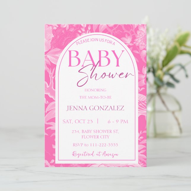 Shock rosa Chinoiserie Girl Baby Shower Inbjudningar (Stående Fram)