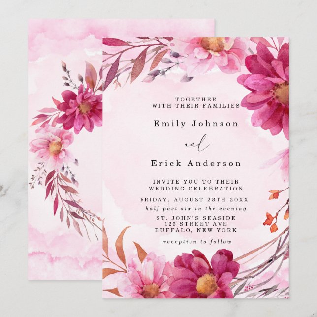 Shock rosa Chrysanthemum Blommigt Bröllop Inbjudningar (Fram/baksida)