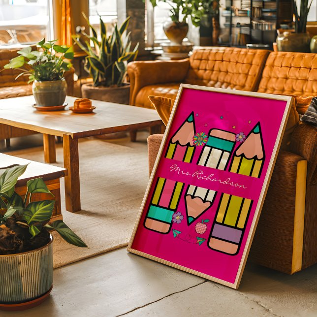 Shock rosa Colorful Teacher Tecknad Pencil Poster (Skapare uppladdad)