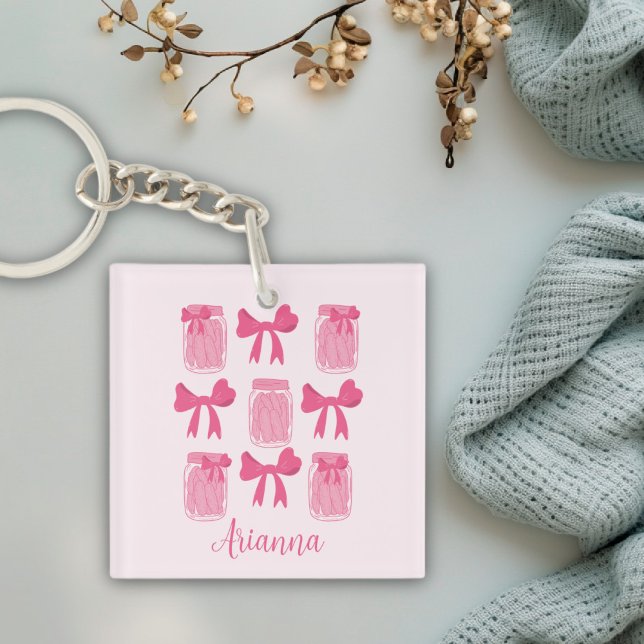 Shock rosa Coquette Pickle Burk och Bow Personlig (Hot Pink Coquette Pickle Jar and Bow Personalized Keychain)