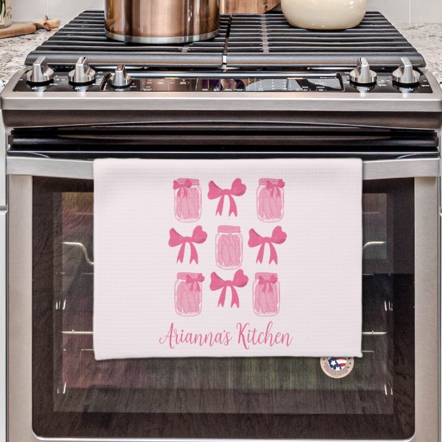 Shock rosa Coquette Pickle Burk och Bow Personlig Kökshandduk (Hot Pink Coquette Pickle Jar and Bow Personalized Kitchen Towel)