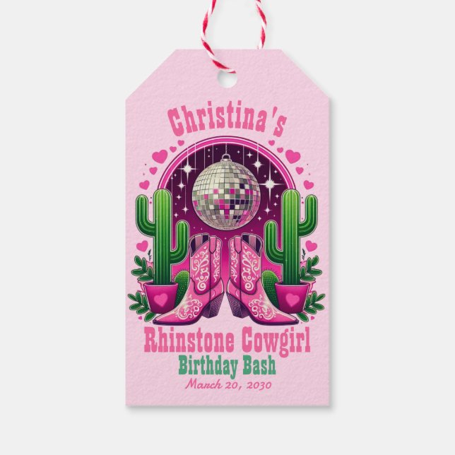 Shock rosa Cowgirl Boots & Disco Boll Bachelorette Presentetikett (Baksidan)