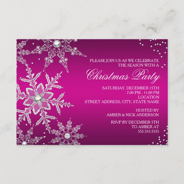 Shock rosa Crystal Snowflake Juldag Party OSA Kort (Framsida)
