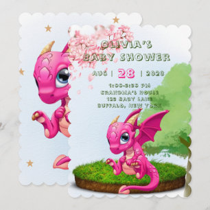 Shock rosa Cute Dragon Girl Baby Shower Inbjudningar