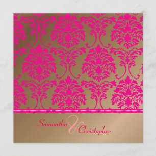 Shock rosa damask/faux kopparbröllop inbjudningar