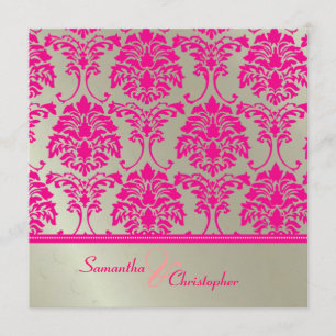 Shock rosa damask/faux silver bröllopsinbjudning inbjudningar