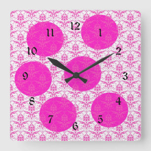 Shock rosa Damask med Rosa Polka dots Fyrkantig Klocka