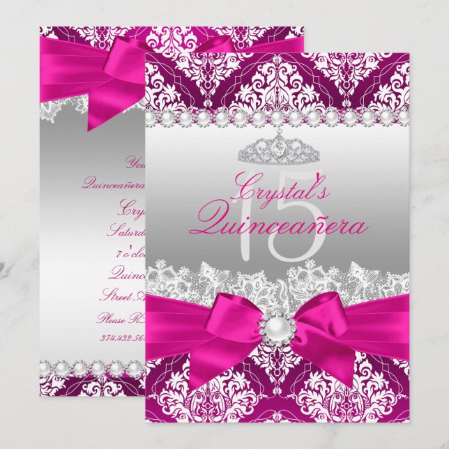 Shock rosa Damask & Pearl Bow Quinceanera Inbjudan (Fram/baksida)