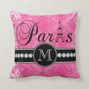 Shock rosa damastast Paris Monogrammmed Kudde