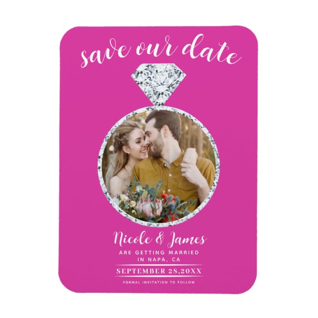 Shock rosa Diamond Ring Bling Photo Save Date Magnet (Vertikal)
