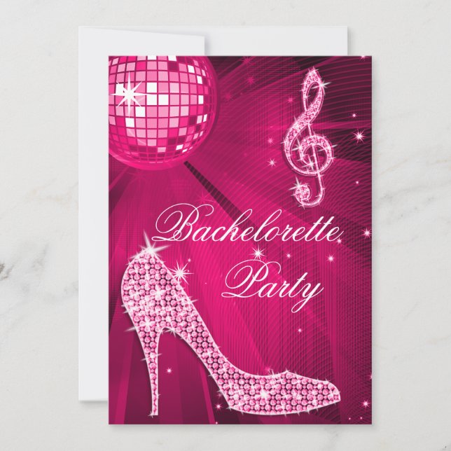 Shock rosa Disco Boll och Gnistra Heels Bacheloret Inbjudningar (Framsida)