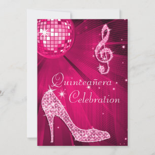 Shock rosa Disco Boll och Gnistra Heels Quinceañer Inbjudningar