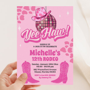 Shock rosa Disco Cowgirl yehaw Födelsedagsfest Inbjudningar