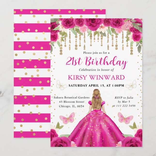 Shock rosa Dress Blonde Hairprincess Birthday Inbjudningar (Fram/baksida)