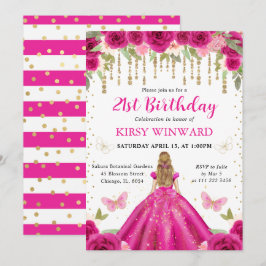 Shock rosa Dress Blonde Hairprincess Birthday Inbjudningar