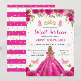 Shock rosa Dress Blonde Princess Sweet 16 Inbjudningar