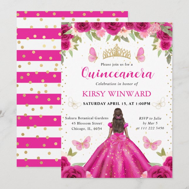 Shock rosa Dress Mörk Skin Princess Quinceanera Inbjudningar (Fram/baksida)