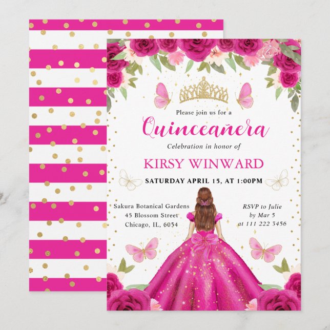 Shock rosa Dress Red Har Princess Quinceanera Inbjudningar (Fram/baksida)