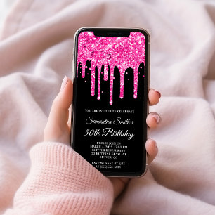 Shock rosa-droppning Glitter Black 50:e födelsedag Inbjudningar