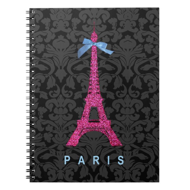 Shock rosa Eiffel Torn i faux glitter Anteckningsbok Med Spiral (Framsidan)