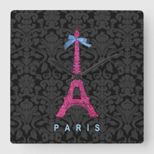 Shock rosa Eiffel Torn i faux glitter Fyrkantig Klocka