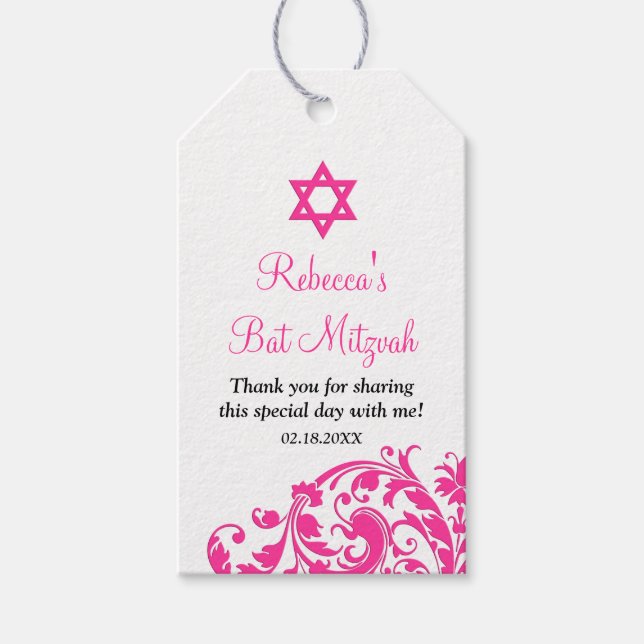 Shock rosa elegant blommar ut Bat mitzvah fördel Presentetikett (Framsidan)