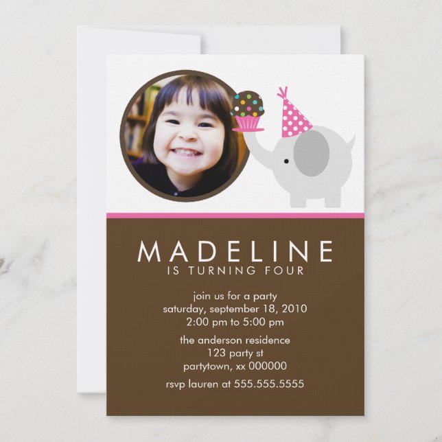 Shock rosa Elephant och Cupkaka Fotofödelsedagen Inbjudningar (Framsida)