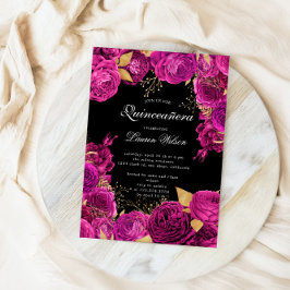 Shock rosa Exklusiv Blommigt Photo Quinceanera Inbjudningar