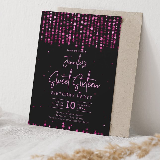 Shock rosa Falling Stars Sweet 16 Födelsedagsfest Inbjudningar (Hot Pink Falling Stars Sweet 16 Birthday Party Invitation)