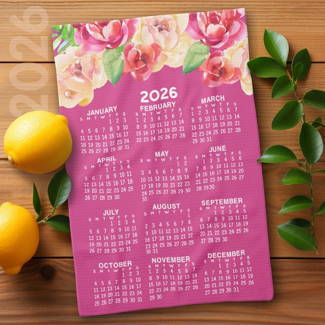 Shock rosa Färgblommor i kalendern Kökshandduk (2026 Calendar)