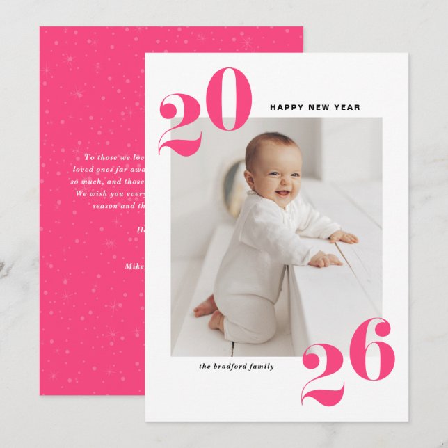 Shock rosa fet typografi 2025 - nyårfoto julkort (Fram/baksida)