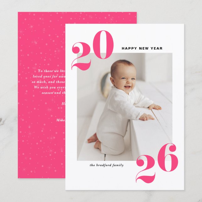 Shock rosa fet typografi 2025 - nyårfoto julkort (Fram/baksida)