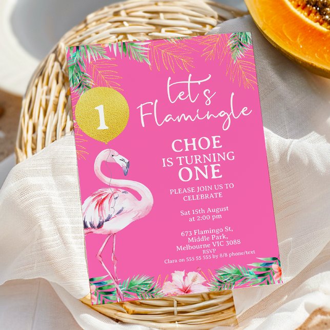 Shock rosa Flamingo Låt oss Flamingle 1:a födelsed Inbjudningar (Pink Lets Flamingle 1st Birthday Invitation Template, Printable Pink Flamingo Birthday Invitation )