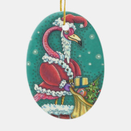 SHOCK ROSA FLAMINGO SANTA, CHRISTMAS ORNAMENT Oval