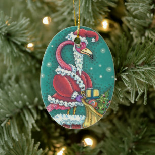 SHOCK ROSA FLAMINGO SANTA, CUTE CHRISTMAS BIRD 201 JULGRANSPRYDNAD KERAMIK