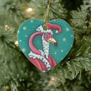 SHOCK ROSA FLAMINGO SANTA, FUNNY CHRISTMAS BIRD 20 JULGRANSPRYDNAD KERAMIK